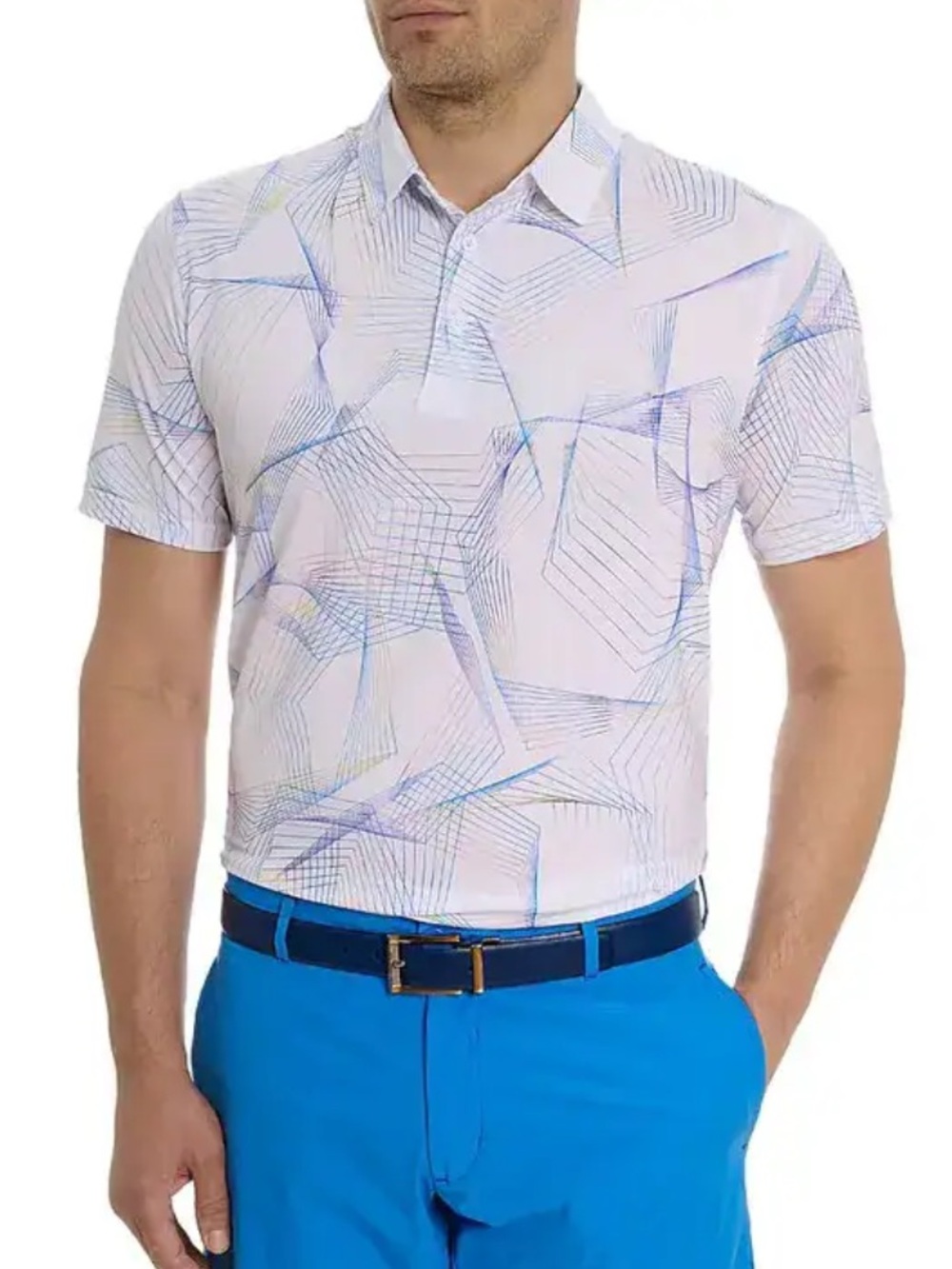 Robert Graham Sidecar Geo Print Polo Shirt XXL White Blue Stretch